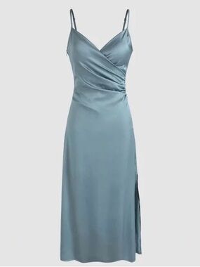 Cider Dusty Blue Satin Spaghetti Strap V Neck Ruched Bodycon Dress Medium